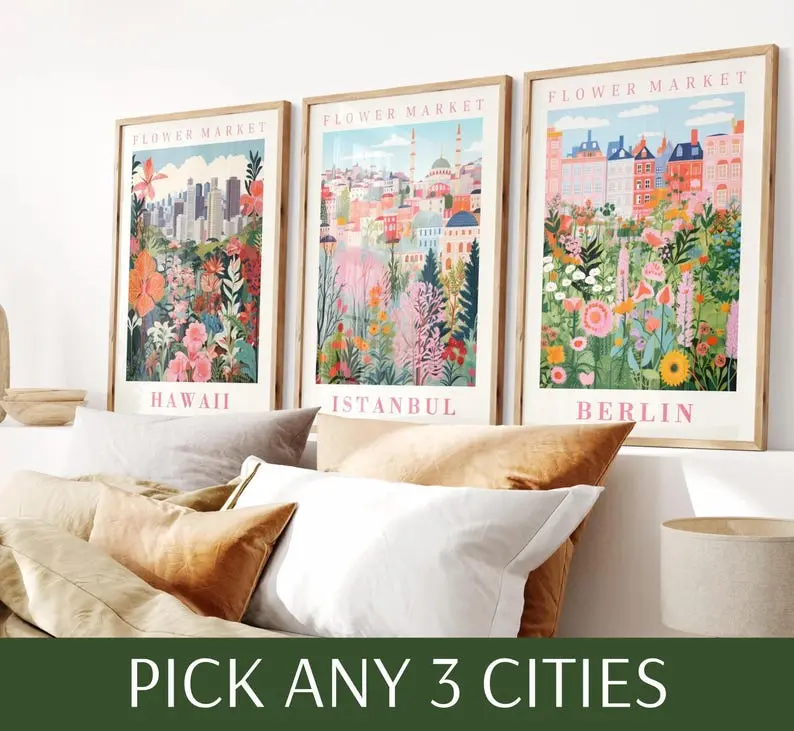 City Travel Flower Market Wall Art – Set of 3 Botanical Prints, Pink Floral Market Poster Bundle, Vintage Gallery Wall Decor Cagla