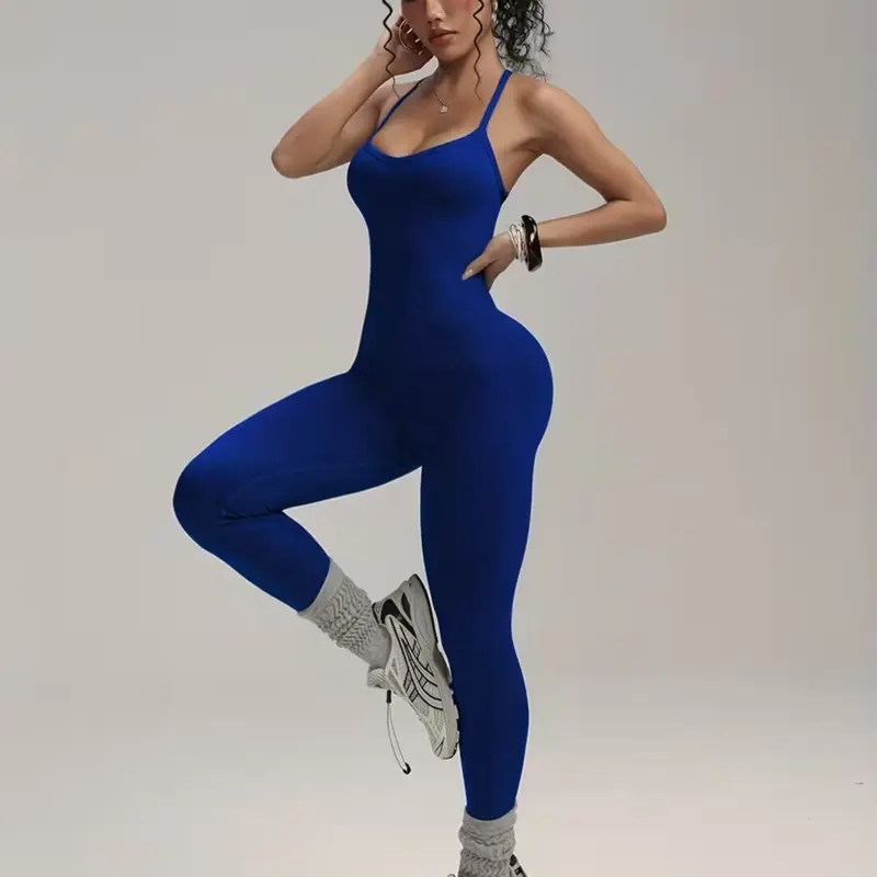 Women's Backless Shapewear Jumpsuit, Sleeveless High-Waisted Yoga Pants, Seamless Quick-Dry Ribbed Long Leggings for Gym & Sports, Workout Fitness Jumpsuit