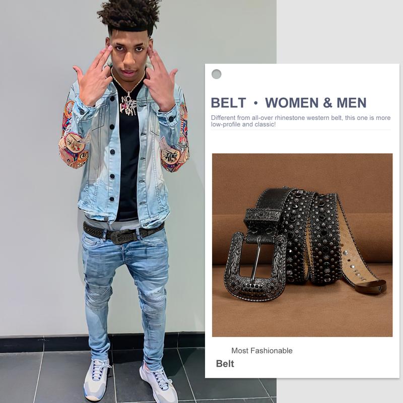 XZQTIVE Men Women Rhinestone Studded Western Leather Belt Western Cowboy Cowgirl Unisex Waist Belt with Rhinestone Buckle