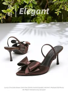 New Spring Summer Women's Brown Satin Oversized Bow Heeled Sandals | Open Toe Elastic Ankle Strap Stiletto Mules | Coquette Sweet Cool Elegant High Heels (For Beach Vacation, Date Night, Brunch, Wedding Guest, Evening Party & Daily Summer Wear)