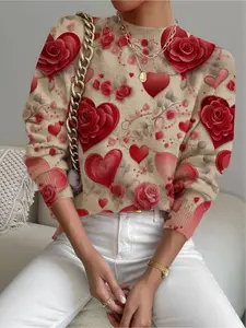 Women's Floral Heart Print Stand Collar Fitted Sweater, Casual Long Sleeve Knitwear for Fall Winter, Comfortable Warm Daily Wear
