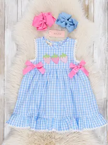 Gingham Embroidered Strawberries 100% Cotton Ruffle Dress