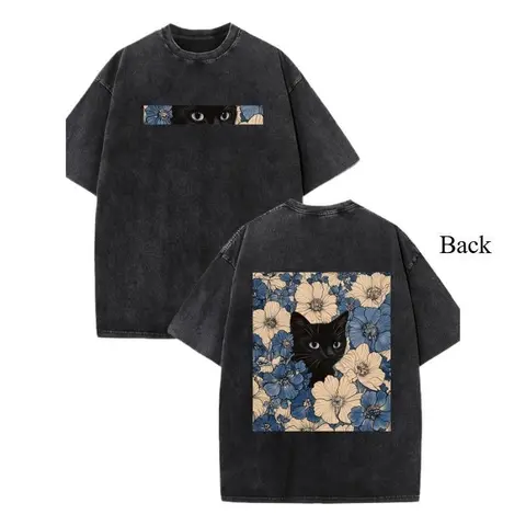 Lady's 230gsm Pure Washed Cotton Oversized Crew Neck T-Shirt - Double-Sided Cat in Flowers Print, Black Cat Graphic, Y2K American Streetwear, Blue Casual Top, Dry Clean Option, XL Size, Fashion Washed Cotton Tee-Black