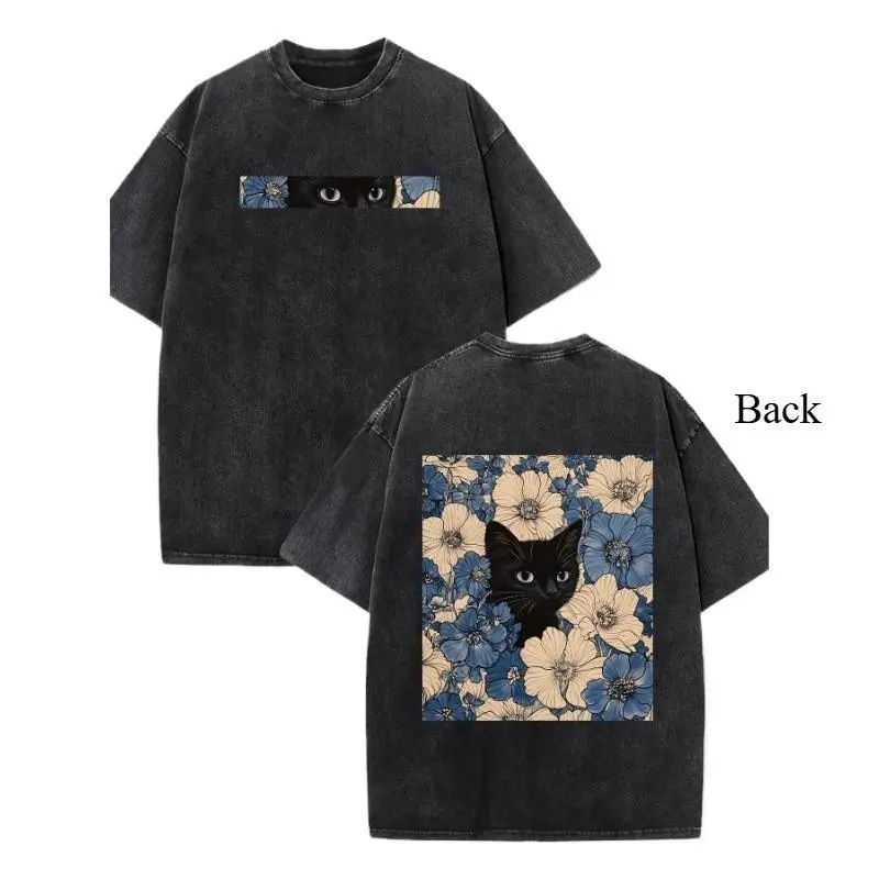 Cat in the Flowers Double-Sided Print Vintage Washed 230gsm Pure Cotton Crewneck T-Shirt, Y2K American Street Style Oversized Floral Black Cat Graphic Unisex Casual Top Blue Fashion