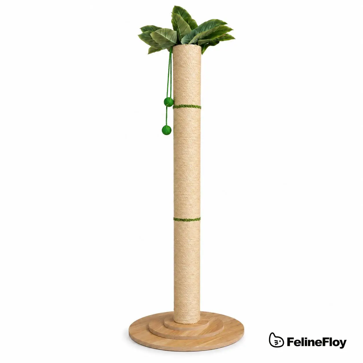 Oversized 63in Extra Tall Plant-Inspired Cat Scratching Post, Natural Sisal Rope Cat Scratch Pole with Wide 3-Layer Wooden Base, Hanging Balls & Leafy Top for Large Indoor Cats Vertical Scratcher Tree