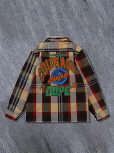 Men's Letter Print Vintage Plaid Pattern Shirt, Regular Fit Casual Street Long Sleeve Button Front Top for Spring & Fall, Men's Clothes for Daily Wear, Button Down Shirts