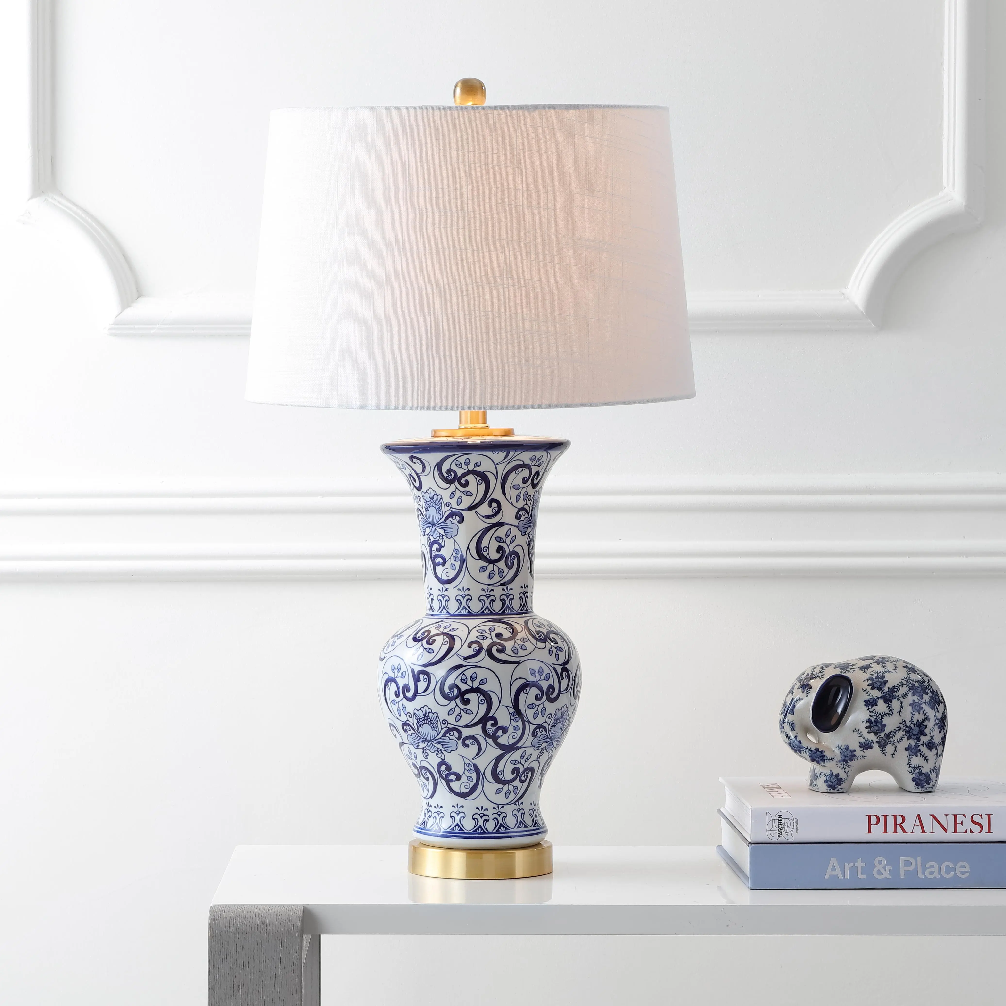 JONATHAN Y Leo Chinoiserie Ceramic and Metal Table Lamp 28.5", Blue/White | Traditional Hand-Painted Floral Vase, Brass Gold Accents, Linen Drum Shade, LED Bulb Included