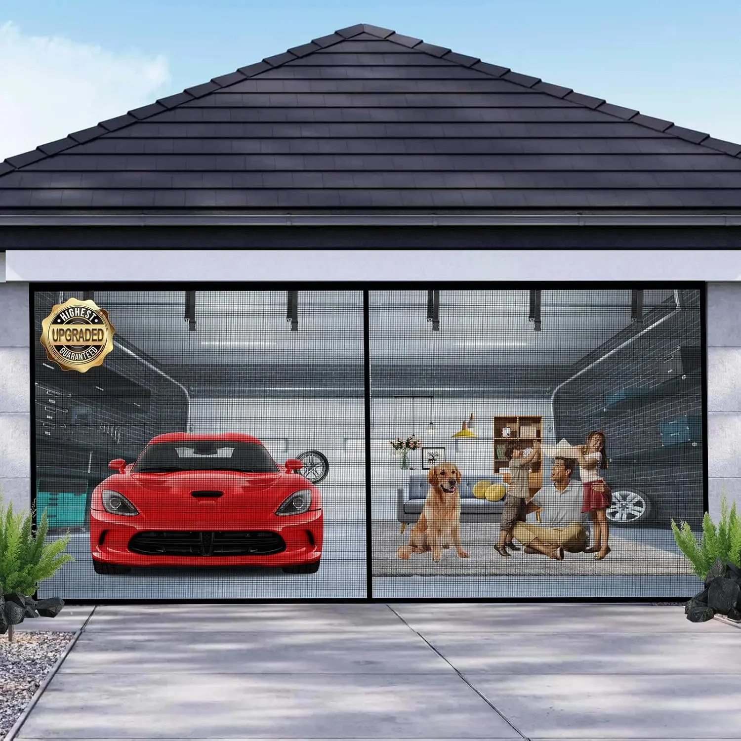 Garage Door Screen for 2  Garage 16x7FT,  Screen Garage with Retractable Fiberglass Mesh and Heavy Duty Weighted Bottom, Easy Assembly & Pass, Hands Free Door Screen Kit