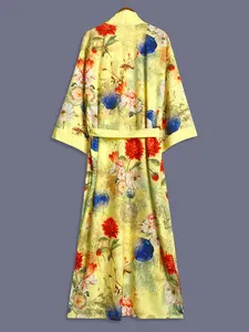 Roses Floral Printed Midi Long Sleeve Kimono Coat, Elegant Party Casual Cover-Up, Beach Travel Lightweight Cape, Split Hem Home Robe, Bridal Maid Dress, Womenswear