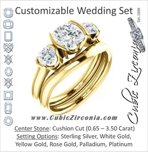 CZ Wedding Set, featuring The Lula engagement ring (Customizable 3-stone Bezel Design with Cushion Cut Center and Round Cut Accents)