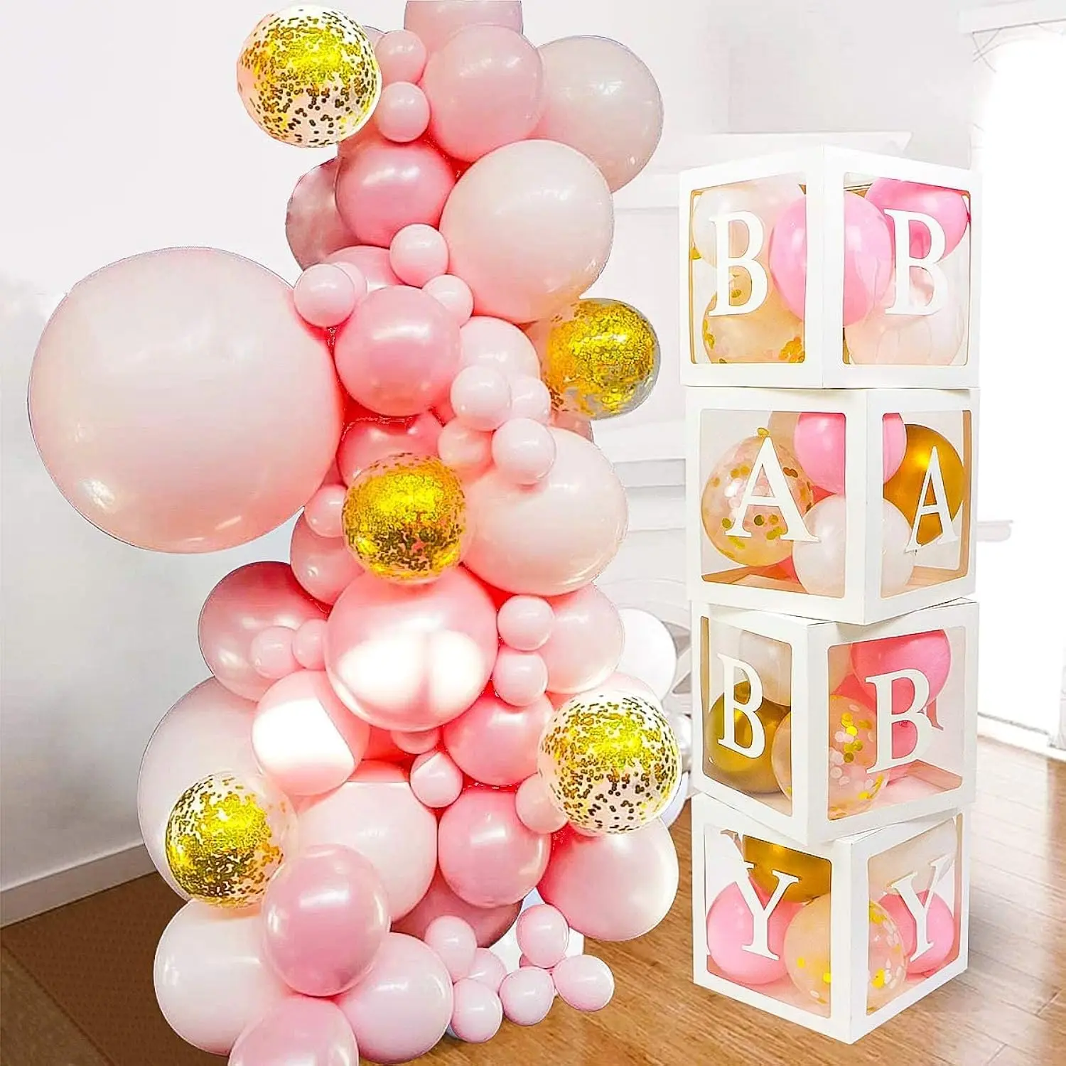 82 Pcs Baby Shower Decorations For Girl - Jumbo Transparent Baby Block Balloon Box Includes BabyA - Z Letters DyiWhite Pink Gold Confetti BalloonsGender Reveal Party Supplies1St Birthday Décor