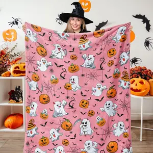 Pink Halloween Throw Blanket , Cute Ghost Blanket for Girls Kids Soft Flannel Halloween Blankets and Throws Decor