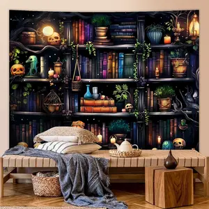 Bookcase Pattern Tapestry, 1 Count Gothic Bookshelf Pattern Wall Hanging, Wall Art Decor for Home Living Room Bedroom Study Room