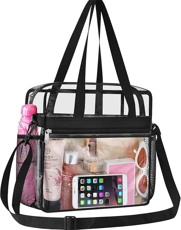 Transparent storage bag for stadium events, dimensions 12 x 6 x 12, transparent carry-on lunch bag with reinforced handles, suitable for work, sporting events, and the gym, blue