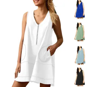 Tanming Women's Half Zip Cotton Dress Summer Sleeveless V Neck Colorblock A Line Mini Dresses with Pockets Spring #SpringStatements