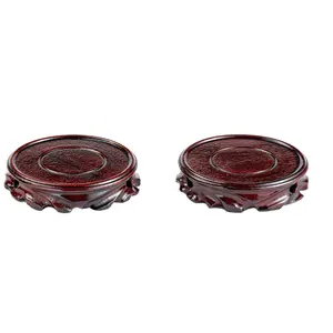 Thy Home 2-Piece Glossy Rosewood Wooden Hand-Carved Tableware Coasters with Stands - 4" Diam, 0.75" Ht, Oriental Style for Table Top, Coffee Table Home Decor