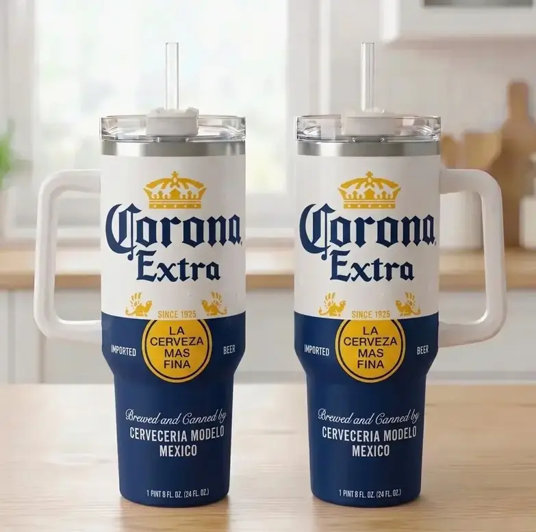 [ Gift Straw & box] Corona Extra 40oz Insulated Tumbler With Handle & Straw, Corona Beer Inspired Stainless Steel Travel Mug, Vintage Mexican Lager Graphic Cup, Funny Beer Lover Gift, Reusable Vacuum Insulated Drinkware For Men & Women
