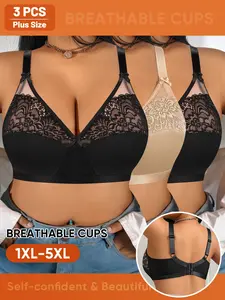 Women's Full Coverage Wireless Bra Set, Chic Elegant Soft Breathable Lace Floral Design, Medium Support Plus Size Everyday Bras, All Seasons Underwear