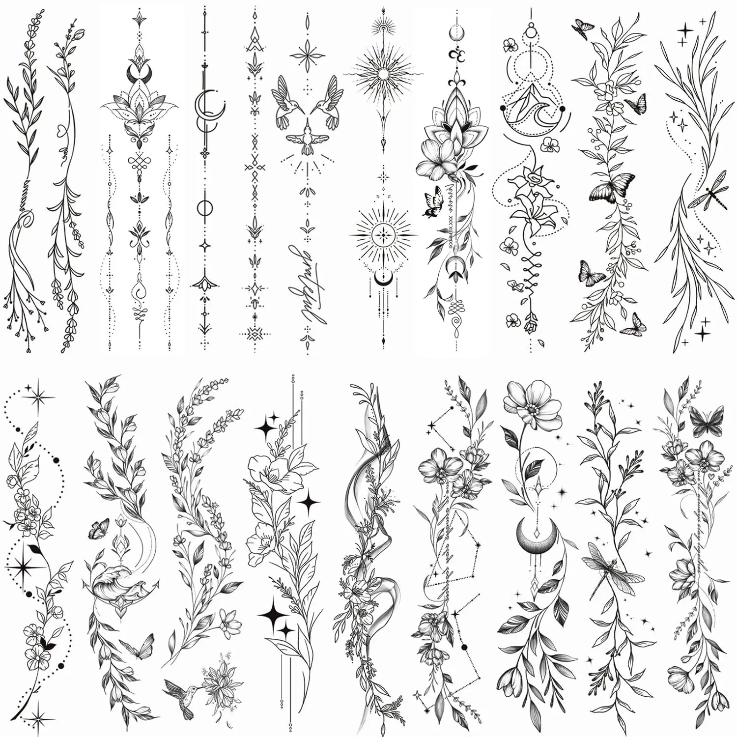 Temporary Tattoos For Women Girls-24 Sheets Branch Flower Leaf Wild Plants Sketch Realistic Long-lasting Tattoo Stickers Waterproof Tattoo Sets for Arm Collarbone Leg Backbone Body Art