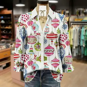 Cherrybetty Christmas Ornaments Print Collared Puff Sleeve Top for Festive Wear Festive Elegance Printed Shirts cute fall outfits going tops office outfits women basic tops elegant classy tops