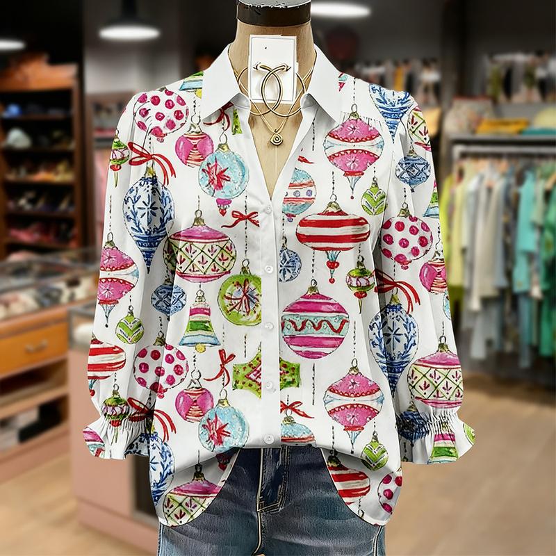 Cherrybetty Christmas Ornaments Print Collared Puff Sleeve Top for Festive Wear Festive Elegance Printed Shirts cute fall outfits going tops office outfits women basic tops elegant classy tops