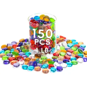 1 LB Mix Color Glass Beads, 150PCS 0.5"~0.7" Mini Flat Glass Marbles for Vase Fillers, Mancala Gems Pebbles Fish Tank Aquarium Decor, Home Decorative Art Craft Supplies