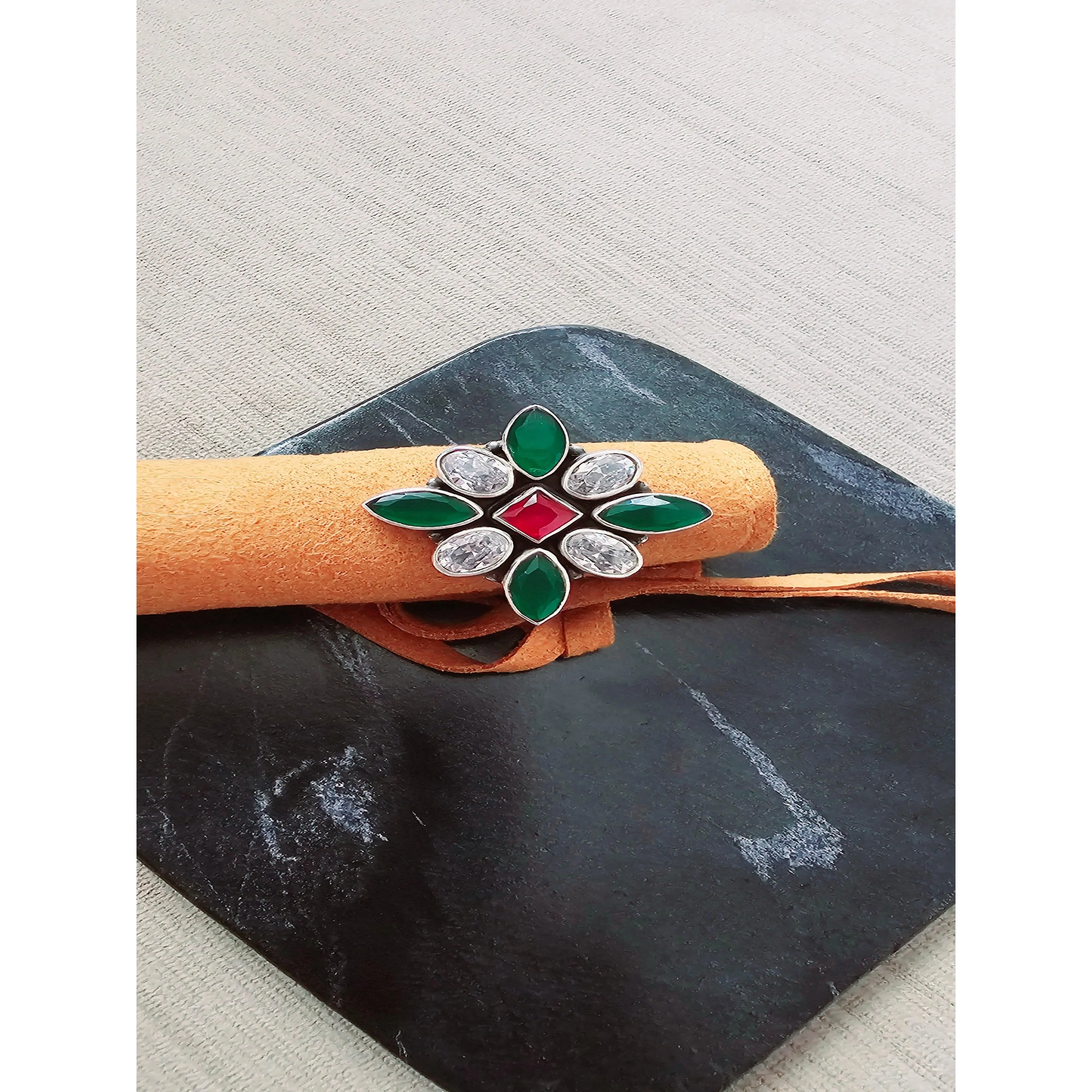 Red, Green And White Adjustable Cocktail Ring