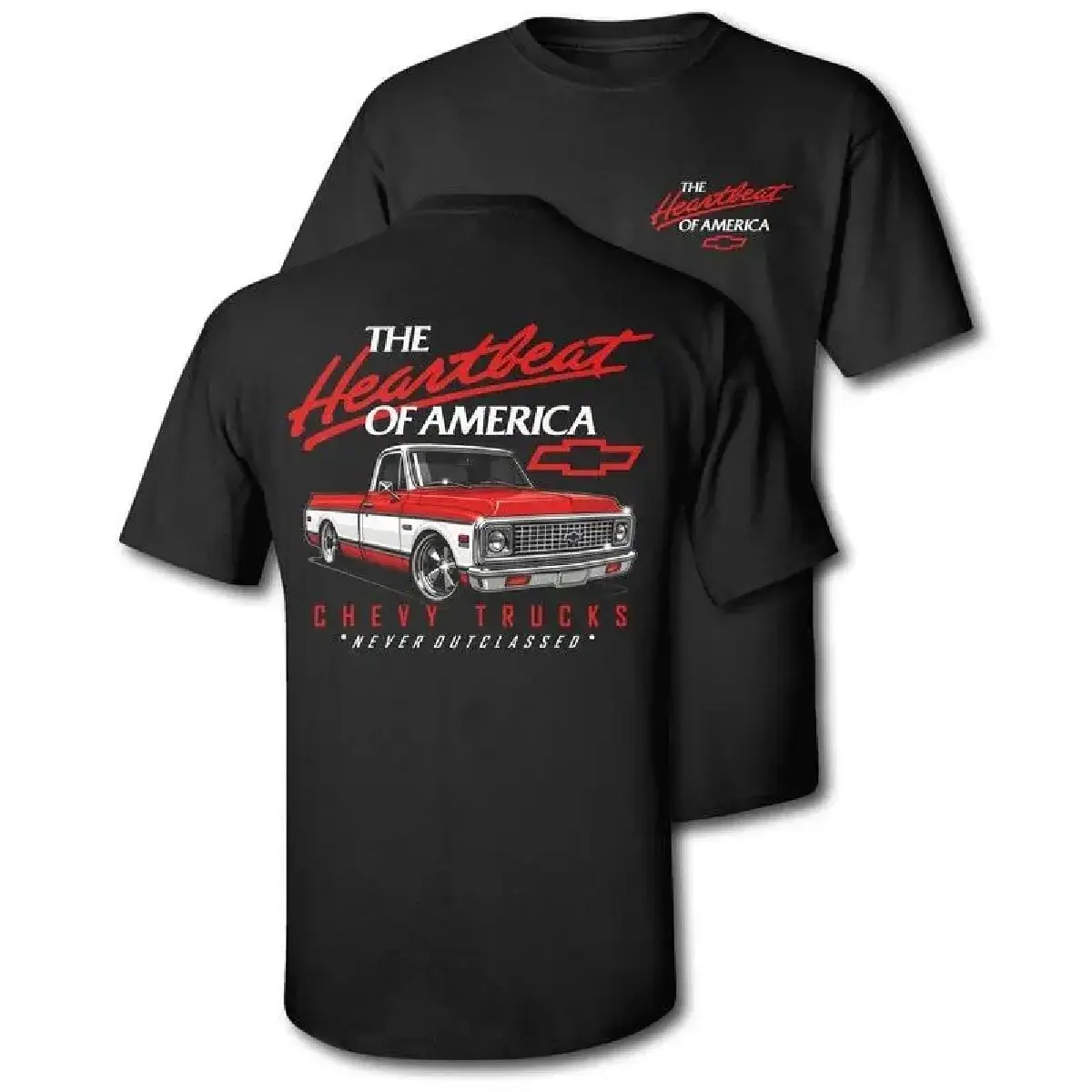 Old School Legend Tee Red Chevy 'Never Outclassed' Heather Rust Short Sleeve Crewneck Casual Graphic Top for Fans Menswear Polyester Streetwear Biker Tropical Shortsleeve Tshirt Man Made in USA Vintage Classic Crewneck T-Shirt