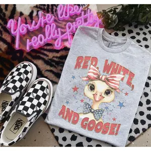 Red White And Goose Shirt - Shirts For Women - Bleached Shirt - Gildan - Porch Goose - Summer Shirts Fabric Jersey
