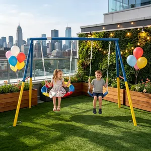 Swing Set for Backyard, 330lbs Swing Set with Heavy-Duty A-Frame Metal Outdoor Swing Stand, 1 Saucer Swing Seat & 1 Belt Swings Seat