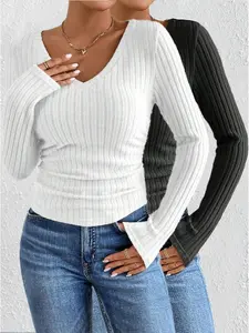New Arrival Fall Winter Solid Color V-Neck Long Sleeve T-Shirt Set, 2-Piece Casual Fashion Top for Women, Comfortable and Stylish