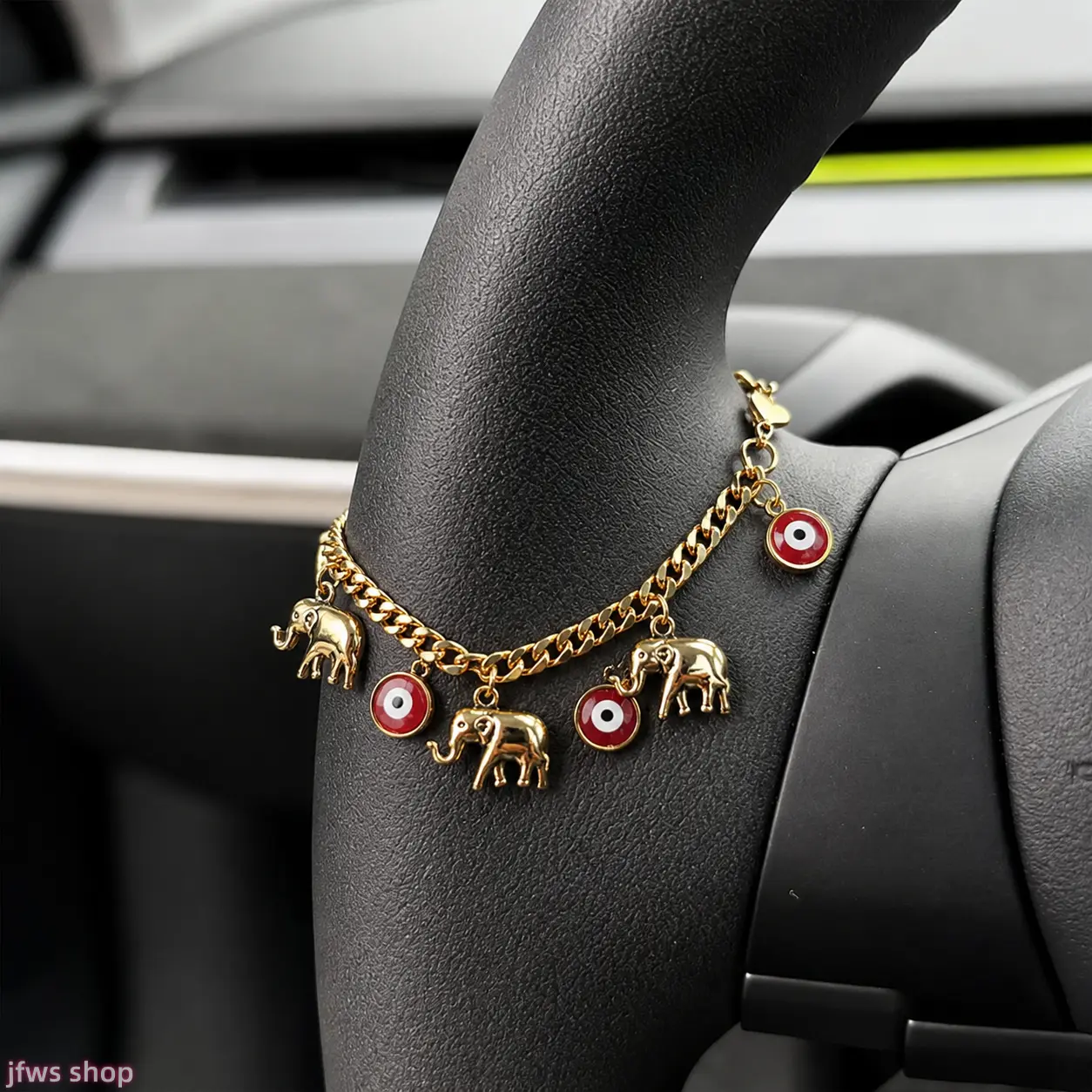 Dashboard Accessories & Charm Bracelet with Bohemian Flair for Women, Gold Chain Evil Eye Elephant, Dual-Use Wear as Anklet or for Car Steering Wheels, Cartoon Style, Any Occasion, Cute And Cool homedecor