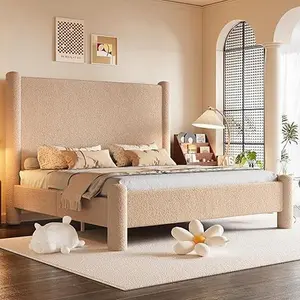 AMERLIFE Modern Bed Frame, Boucle Upholstered Bed Frame with Charging Station, Platform Bed with Soft rounded Corners, Easy Assembly, No Box Spring Required