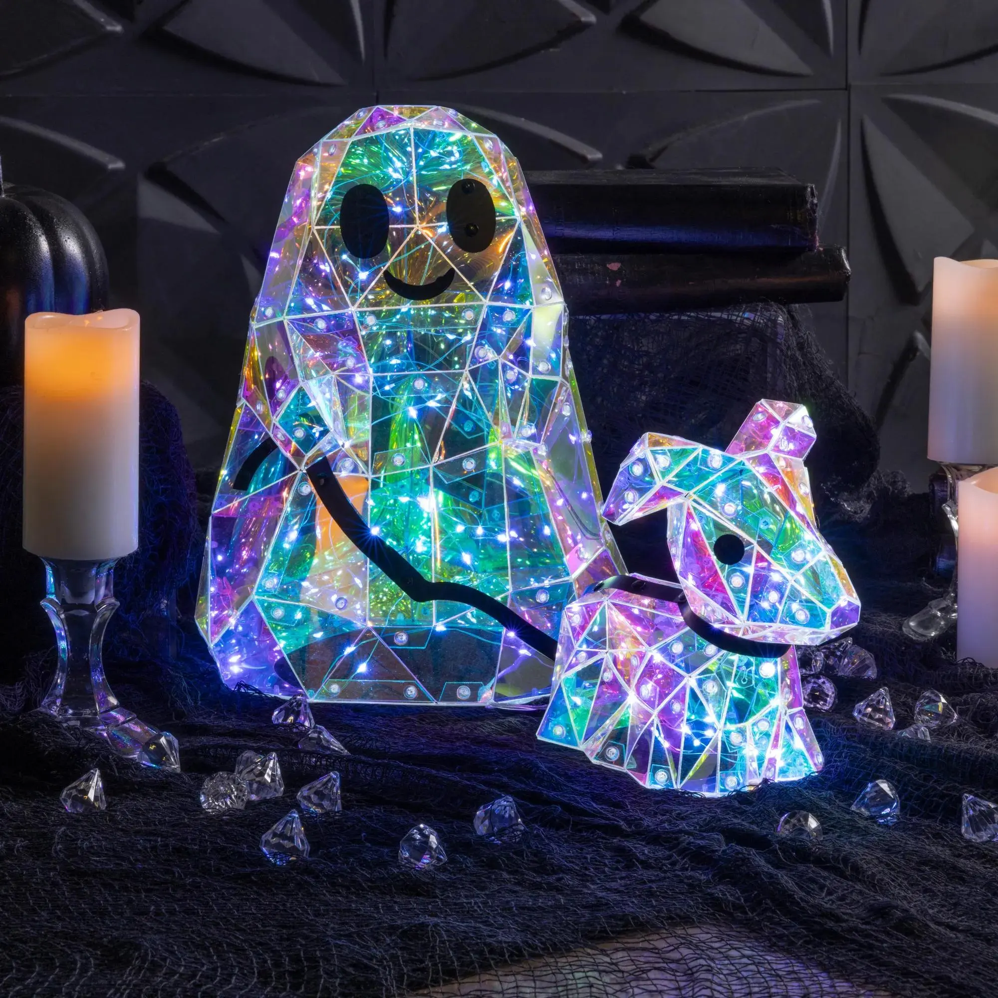 Halloween Spooky Multicolor Prismatic Ghost & Dog Light-Up LED Light, 11.75in Festive Decor, Home Decor Ornaments, Party Lighting Decoration
