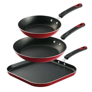 Everyday 3 Piece Aluminum Nonstick Fry Pan and Griddle Set - Metallic Red - Cookware Charcoal Square detachable cookware