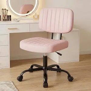 Small Armless Home Desk Chair – Height Adjustable PU Leather Vanity Stool with Lumbar Support, 360° Swivel Wheels for Bedroom, Dorm, Small Space (Blue/Pink)