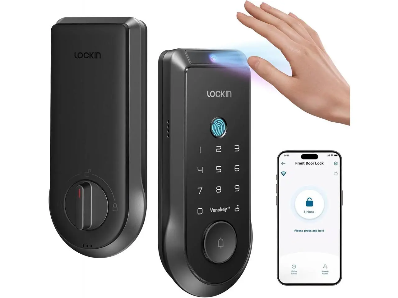 Lockin Veno Smart Lock - Palm Vein & Fingerprint Keyless Entry Door Lock - 6 Unlock Methods - Built-in WiFi - Smart Home Compatible - No Monthly Subscription - 7-Month Battery Life