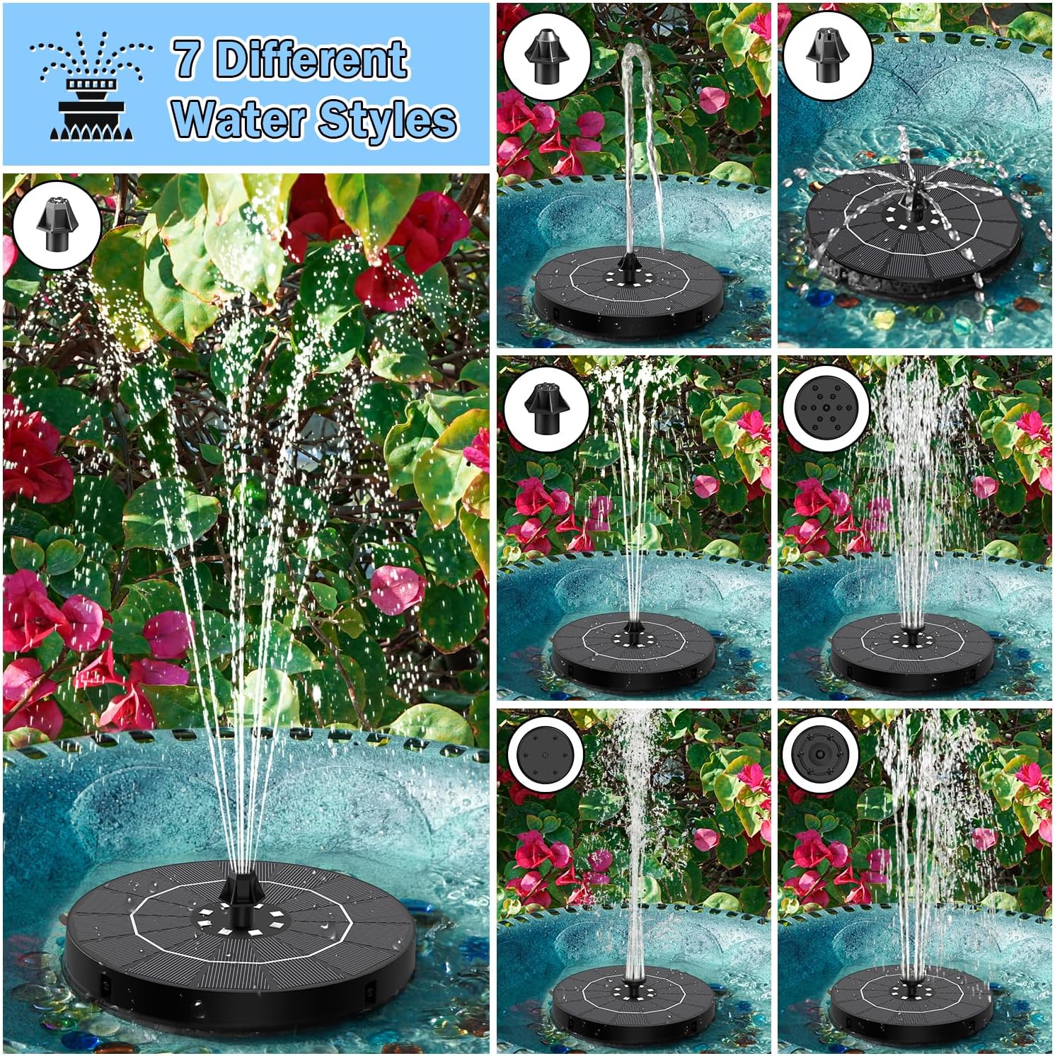 3.5W Solar Power Colorful LED Fountain,2200 mAh battery,7 Different Water Features,Four Windproof Fixing Rods,Floating Fountain PumpFor GardenDecoration,Ponds,Bird Baths