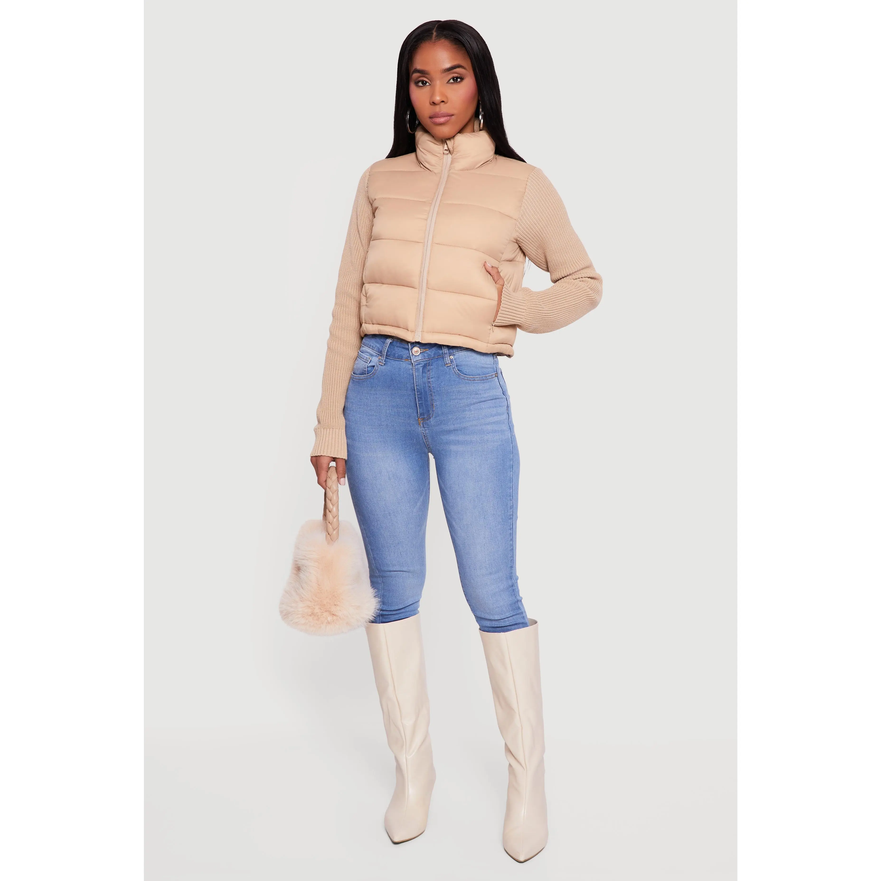 Mock Neck Zip Front Knit Sleeve Puffer Jacket