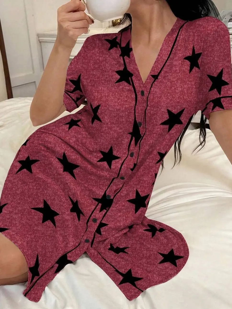 Star Print V-Neck Short Sleeve Nightshirt, Casual Comfortable Pajama Dress For Loungewear