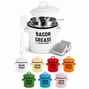 Bacon Grease Container with Strainer 46oz Enamel Grease Storage Can with Lid Dishwasher Safe Kitchen Oil Container for Cooking Bacon Grease Keeper with Spatula and Cleaning Sponges Retro Farmhouse Kitchen Essential Utensils bbq