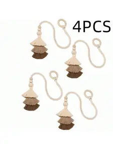 4 pcs Wooden Bead Curtain Tiebacks, Rope Curtain Tiebacks with Tassel Boho, Curtain Tiebacks No Hole Punching Decorative for Bedroom Window Treatment