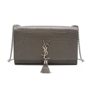 Pre-owned Yves Saint Laurent YSL Saint Laurent Grey Silver Crocodile Embossed Kate Tassel Shoulder Bag 24*5*15cm th260401046