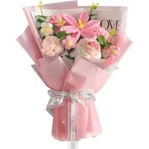 Crochet Bouquet 8PCS, Handmade Knitted Artificial Crochet Flower Gifts - Tulips Roses Daisies Carnations, Preserved for Mother's Day Valentine's Day Birthday Home Decor- Pink