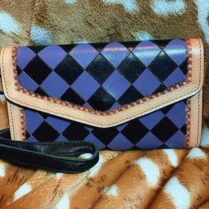 Purple and black checkered trifold wallet