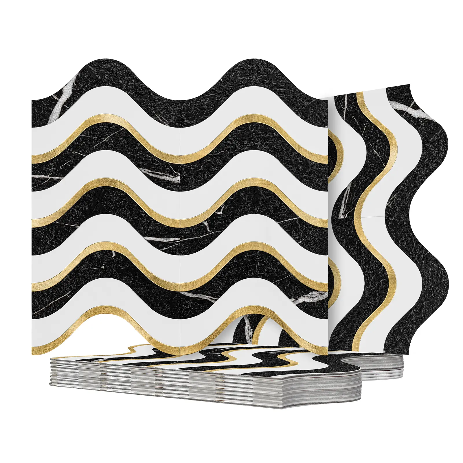 Vamos Tile 10 pcs Peel and Stick Backsplash Seamless Tile,Black+White+Gold Stick on Backsplash for Kitchen and Bathroom, PVC Mix Metal Gold Self Adhesive Wall Tiles,11.8''x10.15''