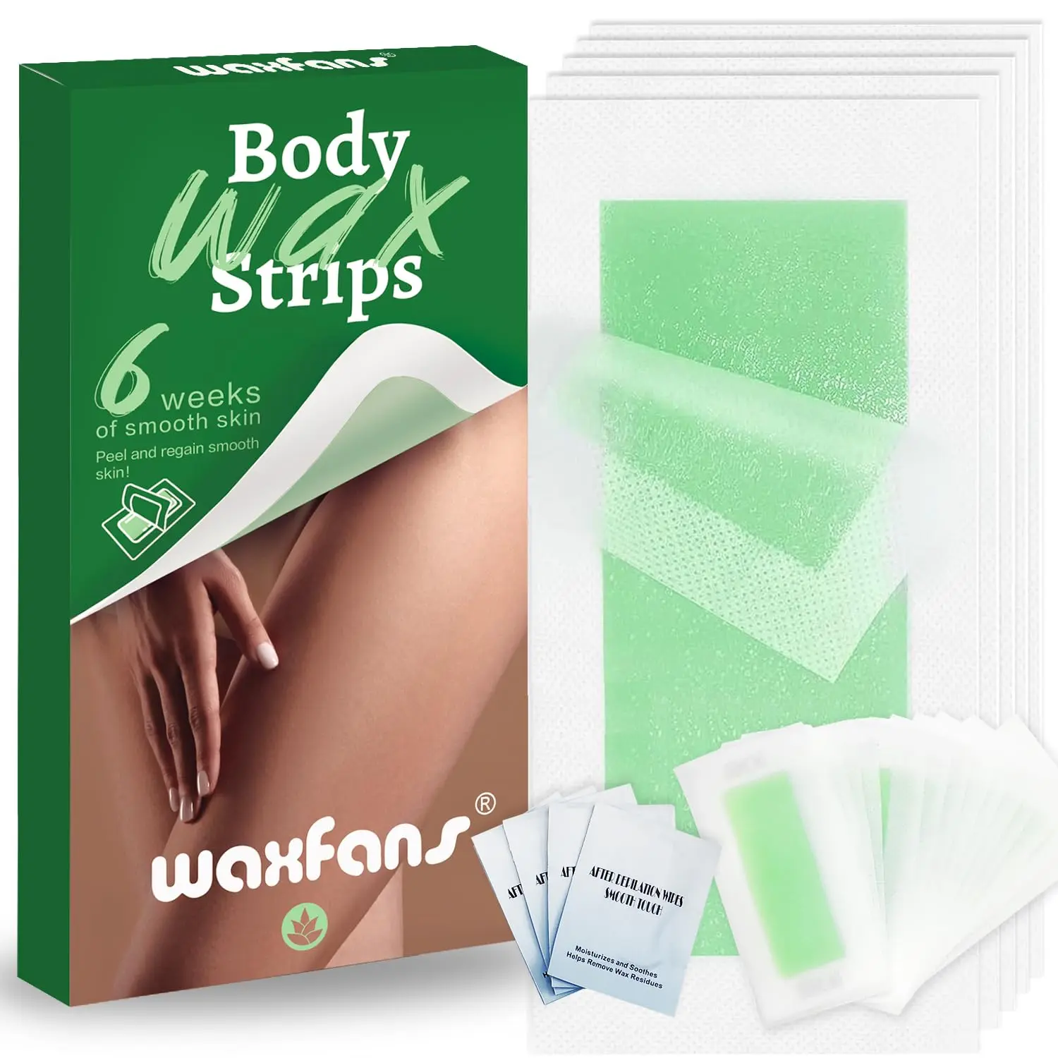 Hair Removal Wax Strips for Face/Body/Bikini - 60 Count Hypoallergenic Depilatory Kit with 4 Soothing Wipes (Green) - All Skin & Hair Types