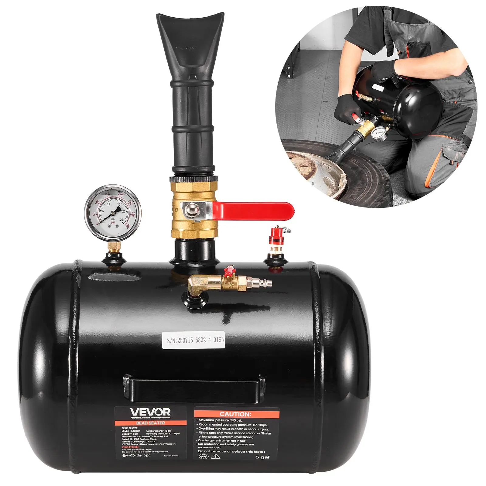 【summerfinds】VEVOR Air Tire Bead Seater, 5 Gal / 18.9 L, Heavy Duty Tire Bead Blaster Tool, 87-116 PSI Operating Pressure, Air Trigger Seating Inflator for Pickup, Truck, ATV, Jeep, Van, Lawn Tractor, RV, Black, Automotive Tire Inflator, Tire Inflation