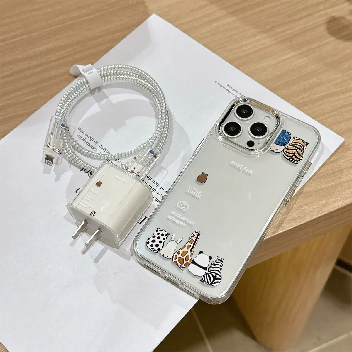 6 Piece Set Transparent Cute Animal Phone Case, Charger Head Cover, Cable Protector, Storage Rope, Data Line Wrap, Tpu Shockproof Shell