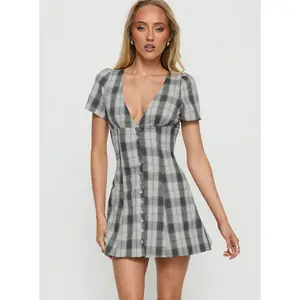 Twist Of Fate V Neck Mini Dress Navy Plaid